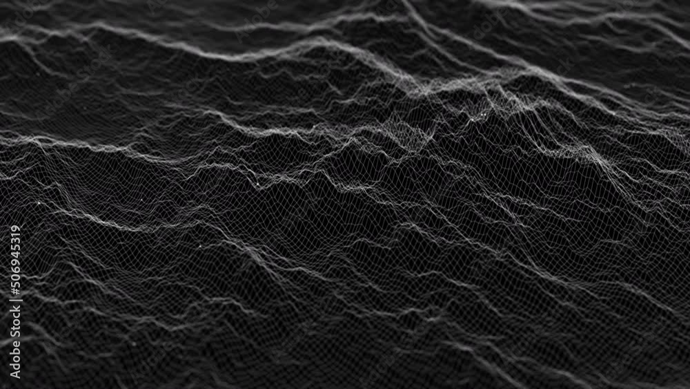 Flowing smooth Plexus terrain waves background. Grid, mesh of dots and lines. Big data connection. Seamless loop animation