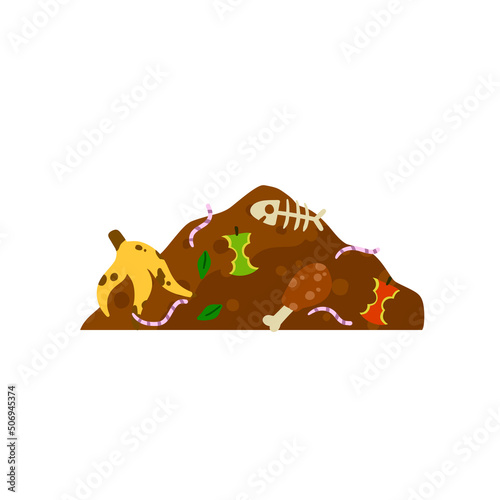 Compost soil. Pile of earth with worms. Farming and food waste. Ecological humus. Flat cartoon