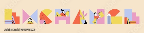 The concept of exchange and borrowing. Happy people recommend paper books to read. Group of men and women exchange literature. Flat vector illustration isolated with reading club elements