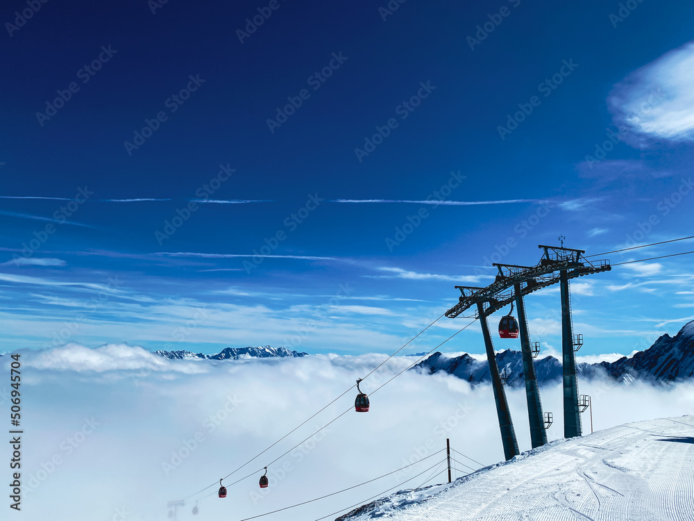 ski lift in the mountains, copy space