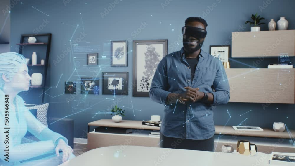African American man in VR glasses in the cyberspace of the meta ...