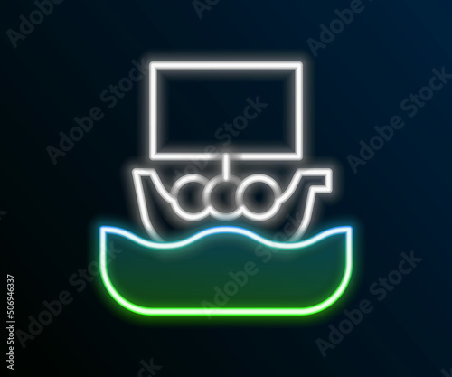 Glowing neon line Ancient viking scandinavian drakkar icon isolated on black background. Viking transport ship. Colorful outline concept. Vector