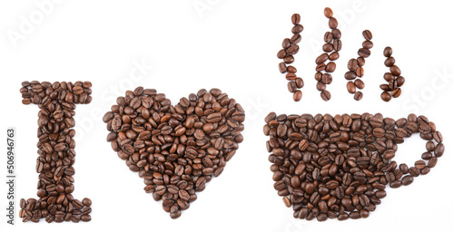 coffee beans in heart shape white background isolated.