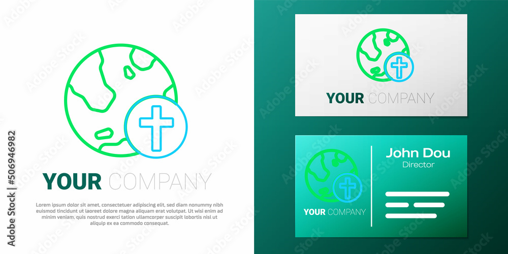Line Christian cross with globe Earth icon isolated on white background. World religion day. Colorful outline concept. Vector Line Christian cross with globe Earth icon isolated on white background. World religion day. Colorful outline concept. Vector