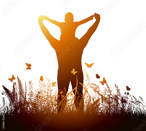 Father's Day. Silhouette of a son with dad at sunset. Vector illustration