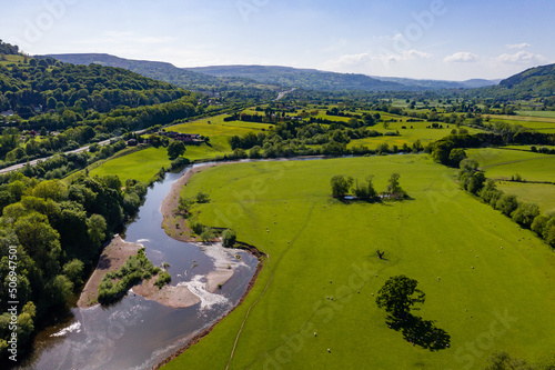 Aerial view of the River Usk and rural farmland near Abergavenny, Wales photo