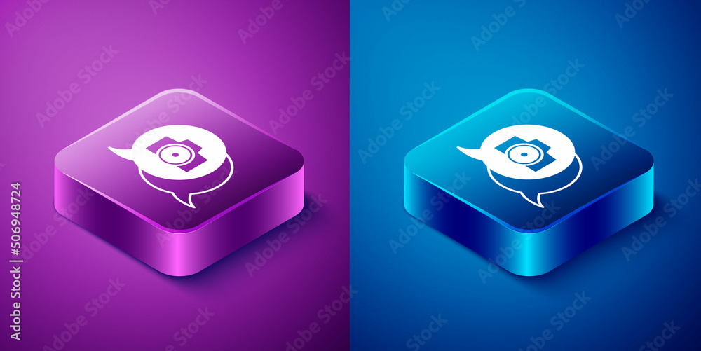 Isometric Photo camera icon isolated on blue and purple background. Foto camera. Digital photography. Square button. Vector Isometric Photo camera icon isolated on blue and purple background. Foto camera. Digital photography. Square button. Vector