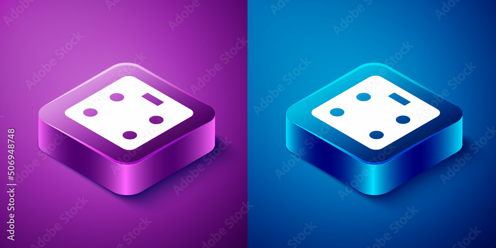 Isometric Smart bathroom scales icon isolated on blue and purple background. Weight measure equipment. Internet of things concept with wireless connection. Square button. Vector Isometric Smart bathroom scales icon isolated on blue and purple background. Weight measure equipment. Internet of things concept with wireless connection. Square button. Vector