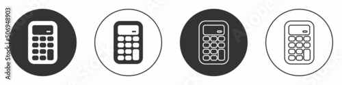 Black Calculator icon isolated on white background. Accounting symbol. Business calculations mathematics education and finance. Circle button. Vector