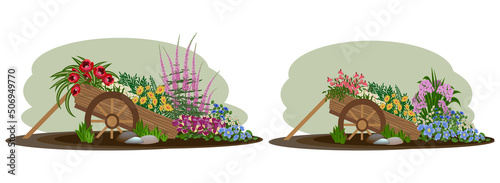 Set of flowerbeds in garden carts with many flowers, stones, grass. Landscape garden design elements. Vector illustration