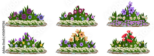Flower beds set with different flowers, stones, grass. Landscape garden design elements. Vector illustration