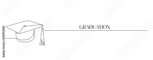 One continuous line drawing of graduation hat. Studying graduate thin symbol in simple linear style. Concept of student of university academy and school. Editable stroke. Doodle vector illustration