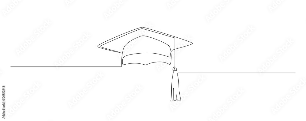 One continuous line drawing of graduation hat. Studying thin symbol or logo in simple linear style. Concept of student of university college and school. Editable stroke. Doodle vector illustration