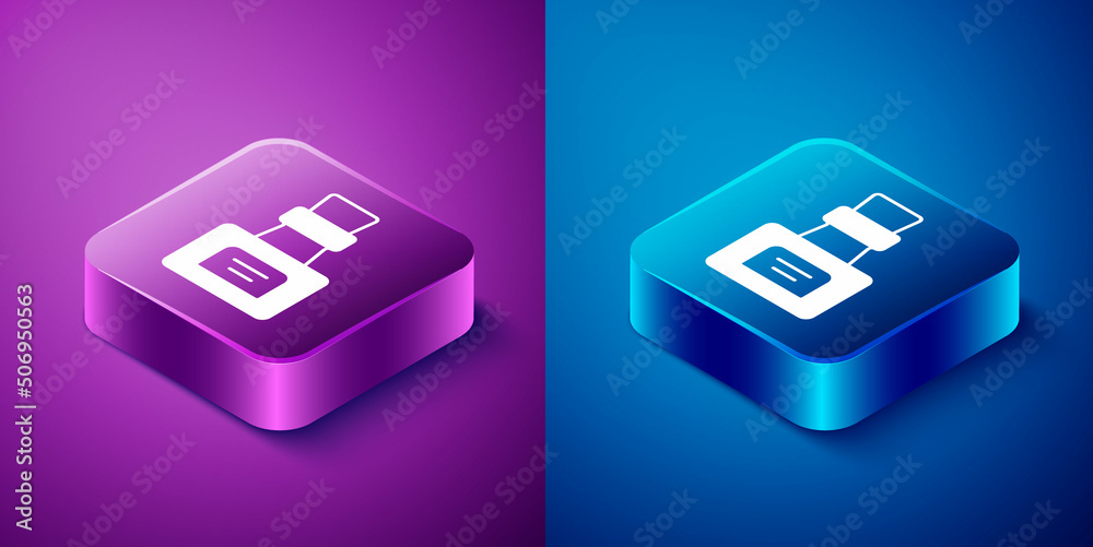 Isometric Bottle with potion icon isolated on blue and purple background. Flask with magic potion. Happy Halloween party. Square button. Vector Isometric Bottle with potion icon isolated on blue and purple background. Flask with magic potion. Happy Halloween party. Square button. Vector