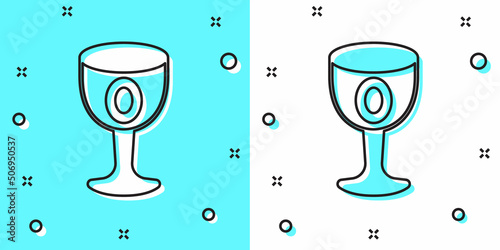 Black line Medieval goblet icon isolated on green and white background. Holy grail. Random dynamic shapes. Vector