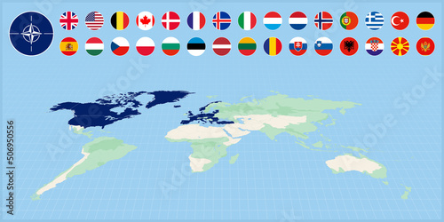 Member countries of North Atlantic alliance selected on world map. Flag set of alliance members.