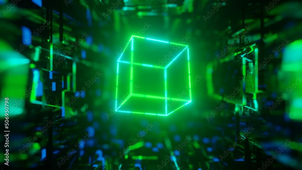 3d object or structure rotates and moves inside glass mirror tunnel with neon light, bright reflections. Cube. Fantastic abstract bg in 4k. Vj loop for show. Sci fi bg fly through hi tech tunnel