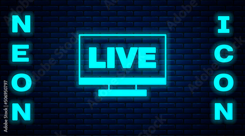 Glowing neon Live streaming online videogame play icon isolated on brick wall background. Vector
