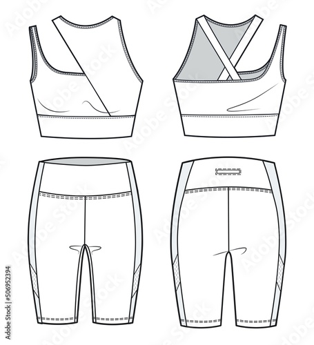 Girl's Sport Bra and Cycling shorts fashion flat  sketch template. Women's Active wear Crop top and Leggings technical fashion illustration, front and back view, white. Fashion cad template.