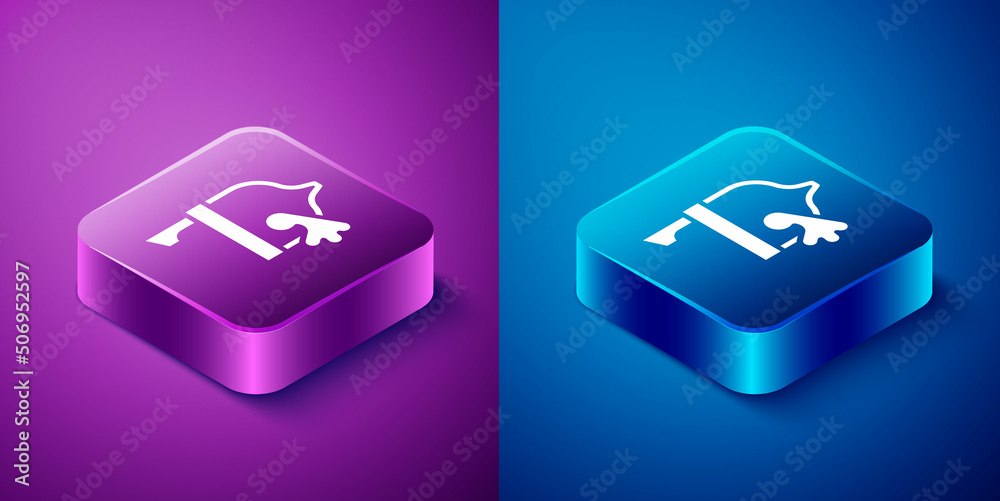 Isometric Viking in horned helmet icon isolated on blue and purple background. Square button. Vector Isometric Viking in horned helmet icon isolated on blue and purple background. Square button. Vector