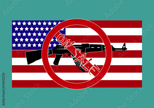 Prohibido utilizar armas de fuego en EEUU. Bandera de EEUU con la señal de prohibido sobre un rifle o arma de fuego y texto