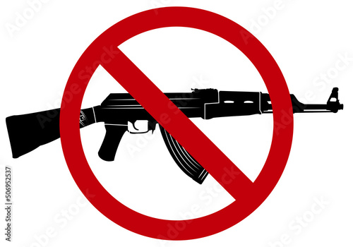Prohibido utilizar armas de fuego. Silueta negra de un rifle bajo la señal roja de prohibido