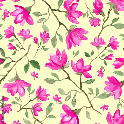 Seamless pattern with pink magnolia flowers blossom - watercolor painting on yellow background