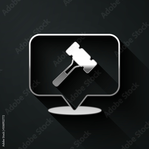 Silver Auction hammer icon isolated on black background. Gavel - hammer of judge or auctioneer. Bidding process, deal done. Auction bidding. Long shadow style. Vector