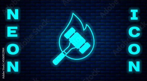 Glowing neon Auction hammer icon isolated on brick wall background. Gavel - hammer of judge or auctioneer. Bidding process, deal done. Auction bidding. Vector