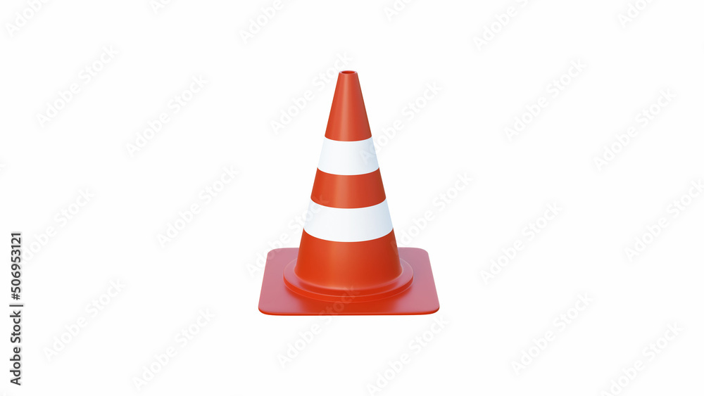 Orange highway traffic construction cones with white stripes isolated on white background. 3D render. Orange highway traffic construction cones with white stripes isolated on white background. 3D render.