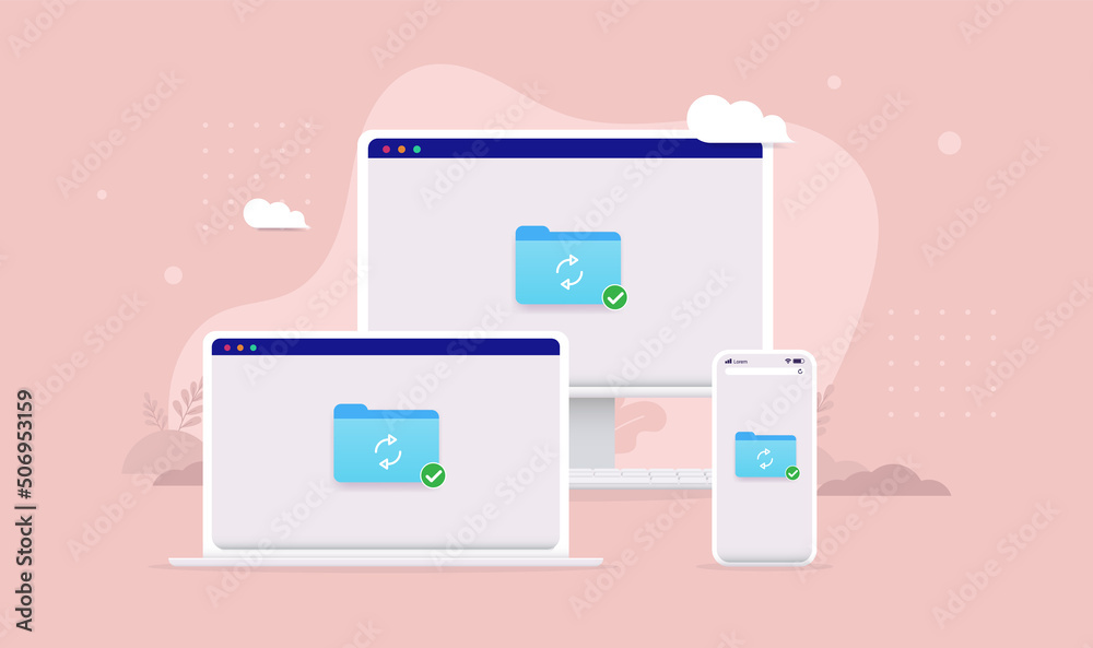 File sharing between devices - Laptop, desktop computer and smartphone synching files and folder. Vector illustration File sharing between devices - Laptop, desktop computer and smartphone synching files and folder. Vector illustration