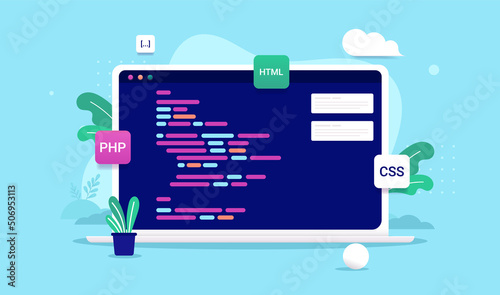 Web development coding - Vector illustration of laptop computer with code on screen and design elements around