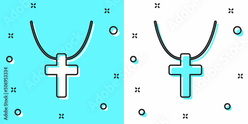Black line Christian cross on chain icon isolated on green and white background. Church cross. Random dynamic shapes. Vector