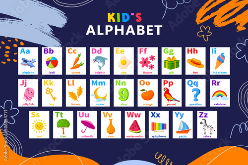 Cartoon English alphabet for children. English letters A to Z with funny animals and other different cute objects.