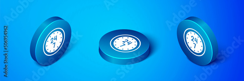 Isometric Clock 24 hours icon isolated on blue background. All day cyclic icon. 24 hours service symbol. Blue circle button. Vector