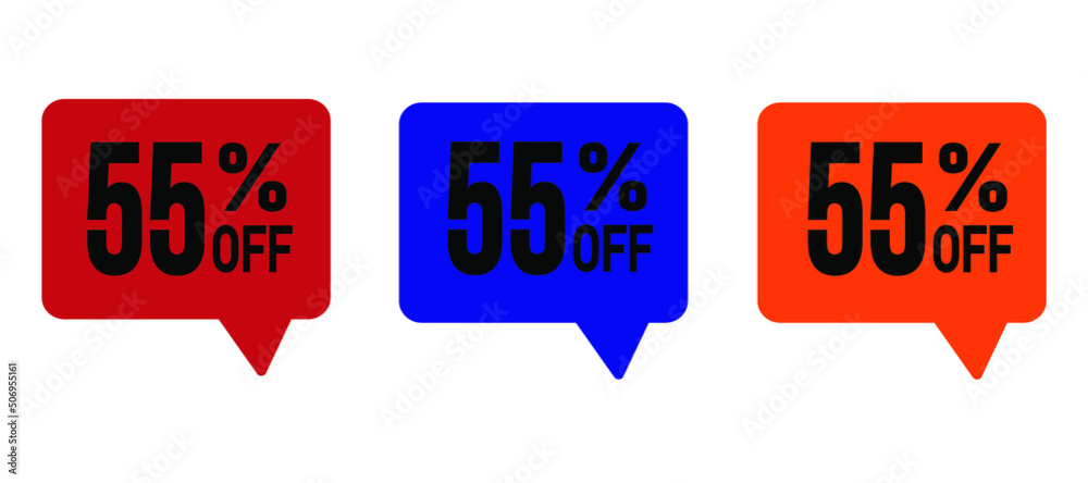 Set Sale 55% off speech bubble banners, discount tags design template, extra deals, vector illustration. Set Sale 55% off speech bubble banners, discount tags design template, extra deals, vector illustration.