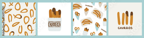 Churros. Set of vector illustrations and seamless patterns for churreria. Spanish, Madrid or Mexican traditional pastries for breakfast. photo