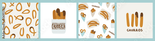 Churros. Set of vector illustrations and seamless patterns for churreria. Spanish, Madrid or Mexican traditional pastries for breakfast.
