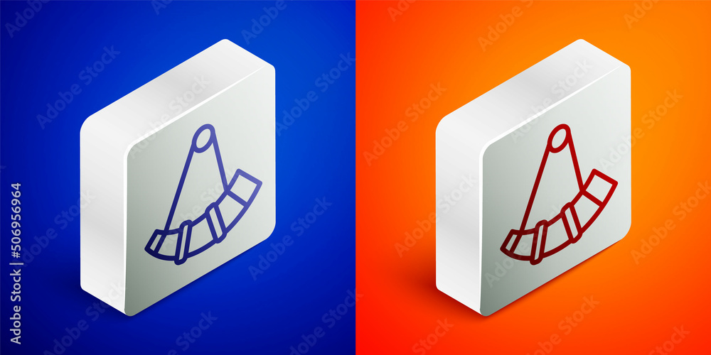 Isometric line Hunting horn icon isolated on blue and orange background. Silver square button. Vector Isometric line Hunting horn icon isolated on blue and orange background. Silver square button. Vector
