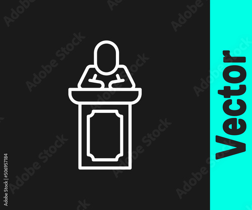 White line Auction auctioneer sells icon isolated on black background. Auction business, bid and sale. Vector