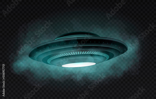 Unidentified flying object. Alien flying saucer, futuristic vehicle and innovation. Space and galaxy, universe. Extraterrestrial life and human abduction. Realistic isometric vector illustration