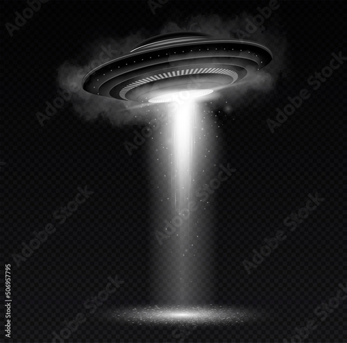 Realistic silver UFO. Beam of light for kidnapping people in space, galaxy and universe. Innovation and futuristic pictures. Imagination and fantasy, mysticism. Isometric vector illustration