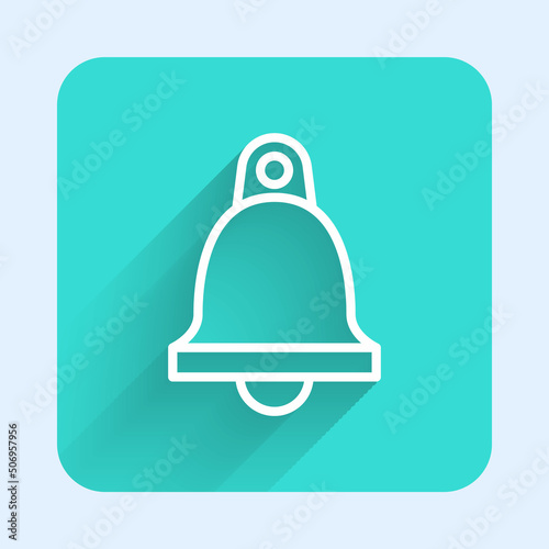 White line Church bell icon isolated with long shadow background. Alarm symbol, service bell, handbell sign, notification symbol. Green square button. Vector
