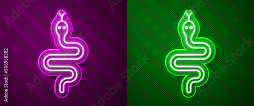 Glowing neon line Snake icon isolated on purple and green background. Vector