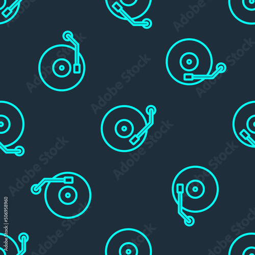 Green line Vinyl player with a vinyl disk icon isolated seamless pattern on blue background. Vector