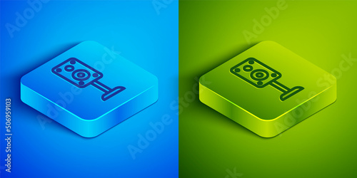 Isometric line Stereo speaker icon isolated on blue and green background. Sound system speakers. Music icon. Musical column speaker bass equipment. Square button. Vector