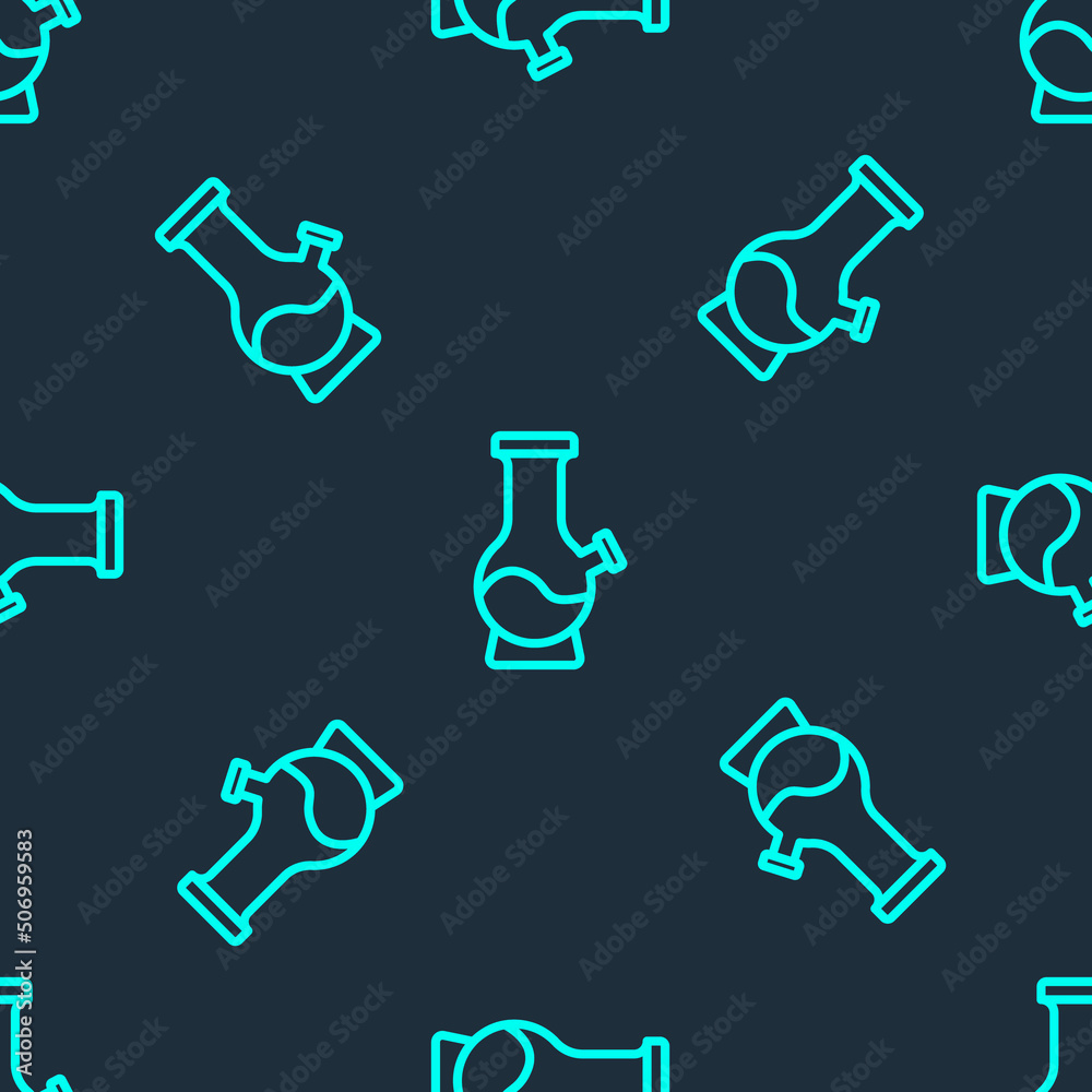 Green line Glass bong for smoking marijuana or cannabis icon isolated seamless pattern on blue background. Vector Green line Glass bong for smoking marijuana or cannabis icon isolated seamless pattern on blue background. Vector