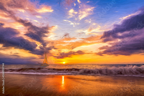 Sunset Ocean Sailboat Illustration Painting