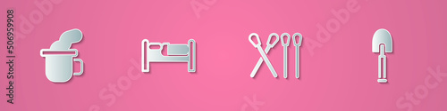 Set paper cut Cup of tea, Bed, Match stick and Shovel icon. Paper art style. Vector