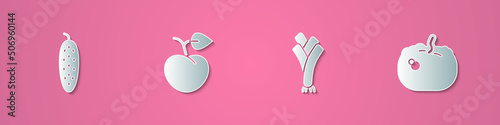Set paper cut Cucumber, Peach fruit or nectarine, Leek and Pumpkin icon. Paper art style. Vector
